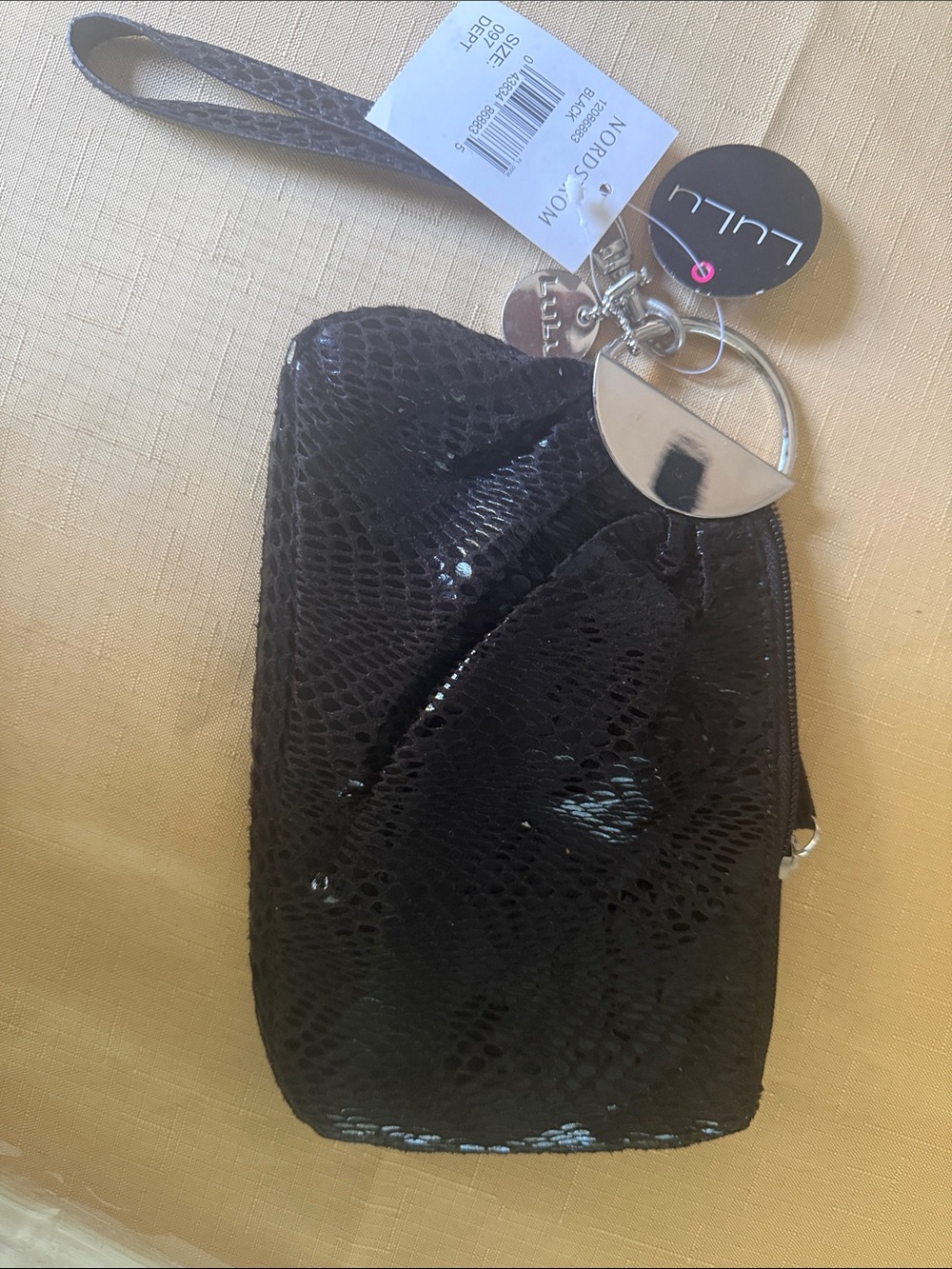 Lulu Black Snake-Embossed Wristlet with Silver Ring